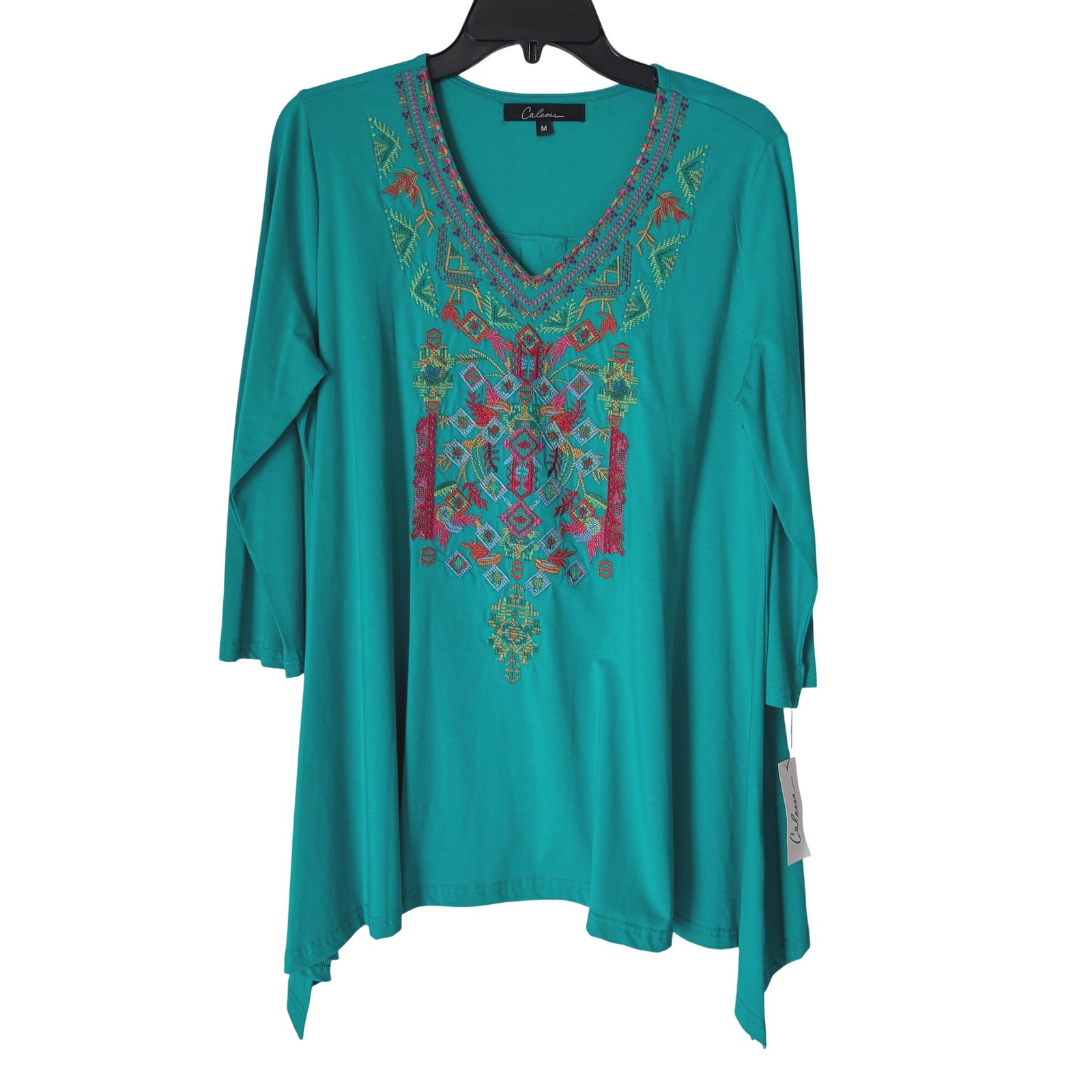 Caleesa Women Pullover Embroidered V-Neck 3/4 Sleeve Tunic Size M